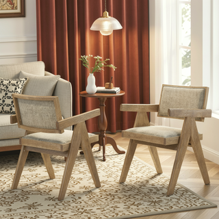 Sunvega Farmhouse Style Light Oak Wood Frame Upholstered Armchair Set for Dining Room