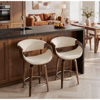 Sunvega Mid-Century Modern Counter Stool Set with Walnut Frame and Cream Fabric
