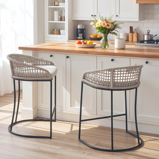 Sunvega Woven Rope Back Upholstered Cushioned Counter Stool with Iron Base