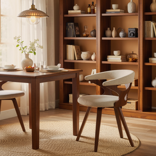 Sunvega Mid-Century Modern Swivel Dining Chair with Cream Fabric and Walnut Legs
