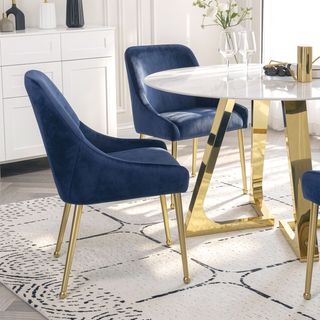 Sunvega Dark Ink Blue and Gold Wingback Dining Chair with Plush Cushions and Metal Legs