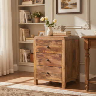 Sunvega Solid Mango Wood Naya Nightstand with 3 Spacious Drawers and Brass Knobs