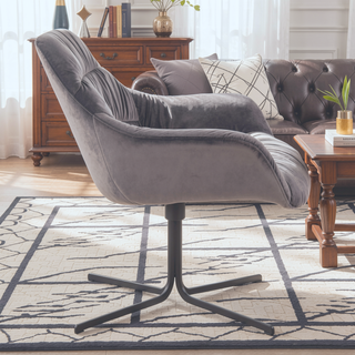 Sunvega Contemporary Swivel Lounge Chair in Black Metal and Grey Velvet