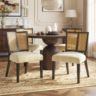 Sunvega Mid-Century Modern Rattan Dining Chairs with Upholstered Seats Set of 2