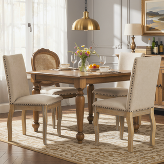 Sunvega Set of 4 Natural Wood Wash Upholstered Fabric Dining Chairs with Nailhead Trim