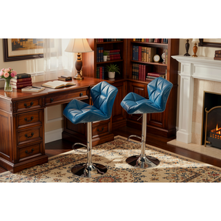 Sunvega Blue PU Leather Diamond-Tufted Swiveling Adjustable Height Bar Stools Set of 2