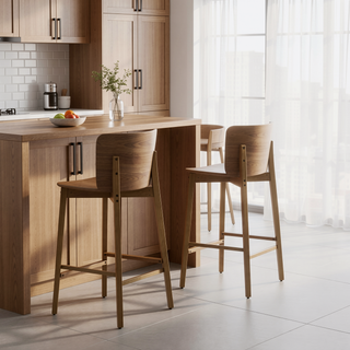 Sunvega Walnut Finished Rubberwood Barstool Set of 2 with Curved Backrest