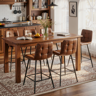 Sunvega Brown Techno-Fabric Bar Chair Set of Two with Rounded Backrest and Black Metal Legs