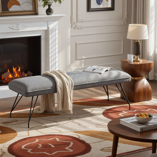 Sunvega Modern Upholstered Dining Bench with Gray Fabric and Hairpin Legs