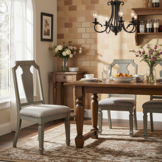 Sunvega Beige Linen and Weathered Oak Finish Armless Side Chair Set of 2