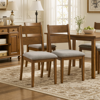 Sunvega Set of Two Dining Chairs with Gray Fabric Seat and Brown Wood Legs