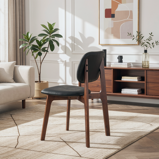 Sunvega Mid-Century Modern Black Vegan Leather Dining Chairs with Walnut Base Set of 2