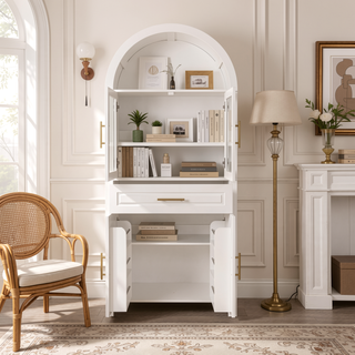 Sunvega Farmhouse Arched Glass Door Pantry Cabinet with Adjustable Shelves for Kitchen
