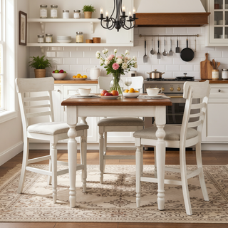 Sunvega Antique White Finish Wooden Counter Height Chair with Light Gray Fabric Upholstered Seat