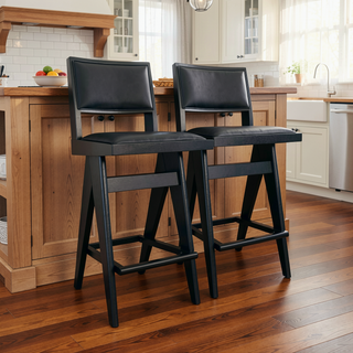 Sunvega Keira Black PU Bar Stool Set of 2 with Mid-Century Design and Full Back