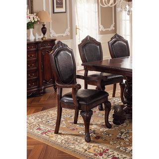 Sunvega Formal Set of 2 Dark Brown Rubberwood Arm Chairs with Faux Leather Upholstered Seat