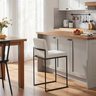 Sunvega Fuji Contemporary High Back Counter Stool in Black Steel and White Velvet
