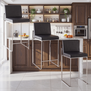 Sunvega Contemporary High Back Barstool Set of 3 with Faux Leather Upholstery
