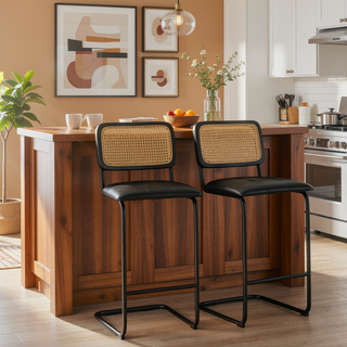 Sunvega Cantilever Rattan Back PU Leather Bar Stools Set of 2 for Kitchen