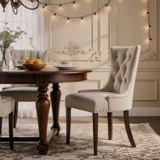 Sunvega Beige and Weathered Oak Tufted Back Parson Chairs with Sturdy Wood Legs