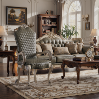 Sunvega Vintage Bone White Faux Leather Arm Chairs with Floral Crown and Claw Legs