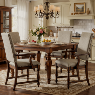 Sunvega Traditional Brown Wooden Dining Chairs with Beige Textured Fabric Upholstery