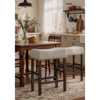 Sunvega Tan Linen & Weathered Oak Finish Counter Height Armless Stool Set of 2