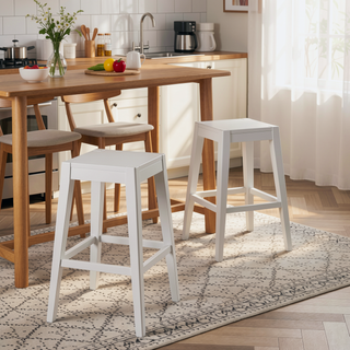 Sunvega Set of 2 White Farmhouse Counter Stools with Wooden Look
