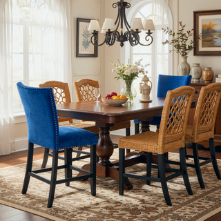 Sunvega Blue Velvet Upholstered Counter Height Chair Set with Chrome Nailhead Trim