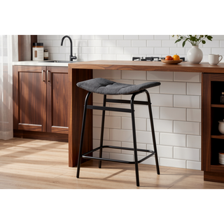 Sunvega Modern Counter Height Barstools with Grey Fabric and Black Metal Legs Set of 2