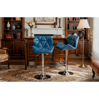 Sunvega Blue PU Leather Diamond-Tufted Swiveling Adjustable Height Bar Stools Set of 2