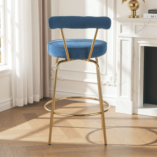 Sunvega Gold Metal Frame and Blue Velvet Upholstery Counter Stool Set of 2