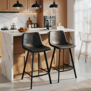 Sunvega Black Metal Frame Industrial Counter Stool with Grey Faux Leather Seat
