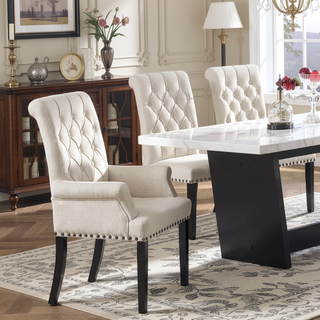 Sunvega Norwich Sand Upholstered Dining Arm Chair with Button-Tufted Back and Nailhead Trim