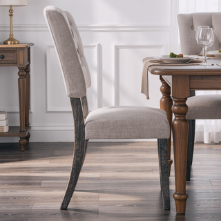 Sunvega Beige Linen Upholstered Transitional Side Chairs with Tufted Back and Tapered Legs