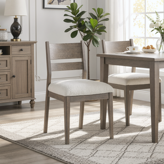 Sunvega Modern Farmhouse Wood Dining Chair with Textured Cream Upholstery Set of 2