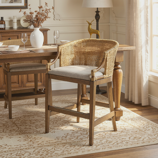 Sunvega Handcrafted Natural Rattan and Linen Upholstery Counter Stool