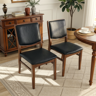Sunvega Mid-Century Modern Walnut Finished Solid Wood Vegan Leather Upholstered Dining Chairs Set of 2