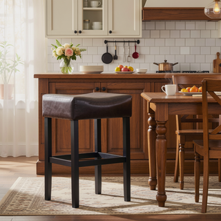 Sunvega 30-Inch Brown Faux Leather Backless Bar Stool with Sturdy Rubberwood Legs