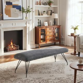 Sunvega Modern Upholstered Dining Bench with Gray Fabric and Hairpin Legs