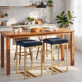 Sunvega Midas Gold Blue Velvet Contemporary Glam Counter Stool Set of 2