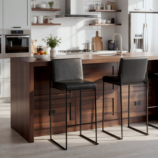 Sunvega Fuji Contemporary High Back Barstool in Black Steel and Faux Leather - Set of 2
