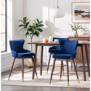 Sunvega Mid-Century Inspired Blue Velvet Upholstered Counter Height Wingback Stools