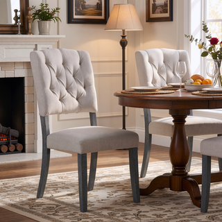 Sunvega Beige Linen Upholstered Transitional Side Chairs with Tufted Back and Tapered Legs