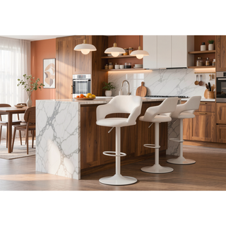 Sunvega Adjustable Swivel Bar Stool with White Metal Base and Leather Look Fabric