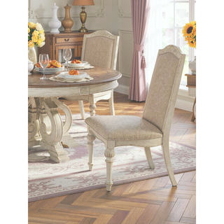 Sunvega Antique White Upholstered Seat Side Chair with Intricate Wood Inlay Detail