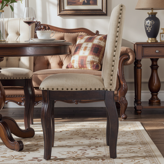 Sunvega Set of 4 Natural Wood Wash Upholstered Fabric Dining Chairs with Nailhead Trim