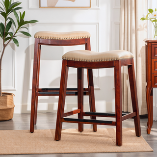 Sunvega Natural Finish Saddle Leather Seat Counter Stool with Footrest and Nail Head Trim