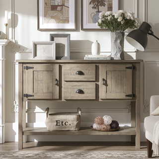 Sunvega Retro Style Solid Pine Wood Sideboard Console Table with 2 Drawers and Cabinets