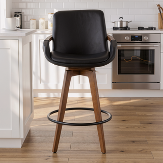 Sunvega Mid-Century Modern Counter Stool with Faux Leather Seat and Walnut Legs